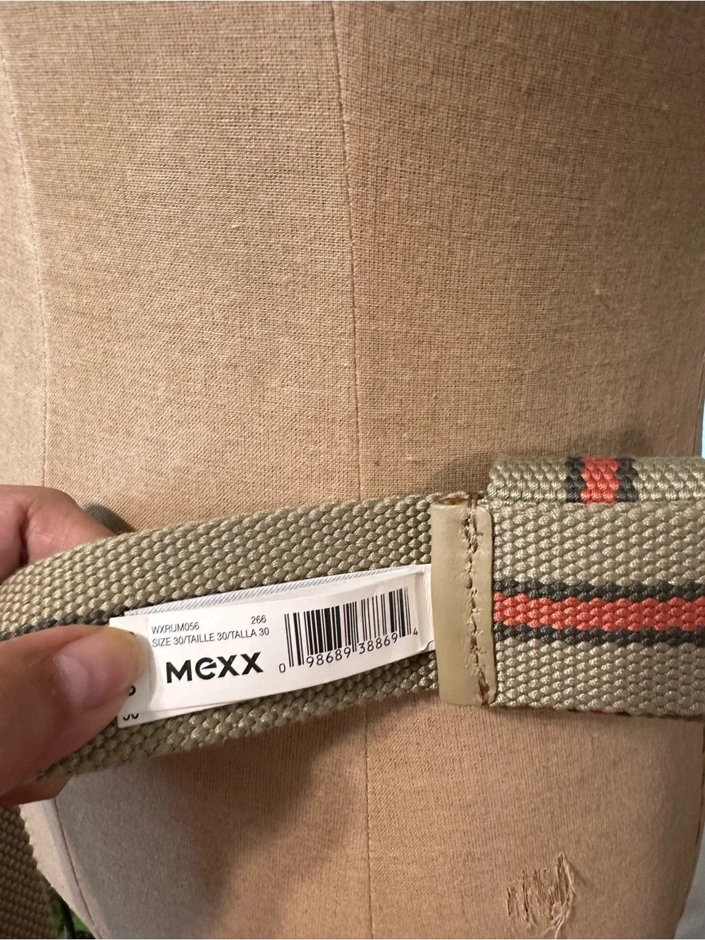 Mexx Olive Canvas Web Belt with Red-Black Stripe